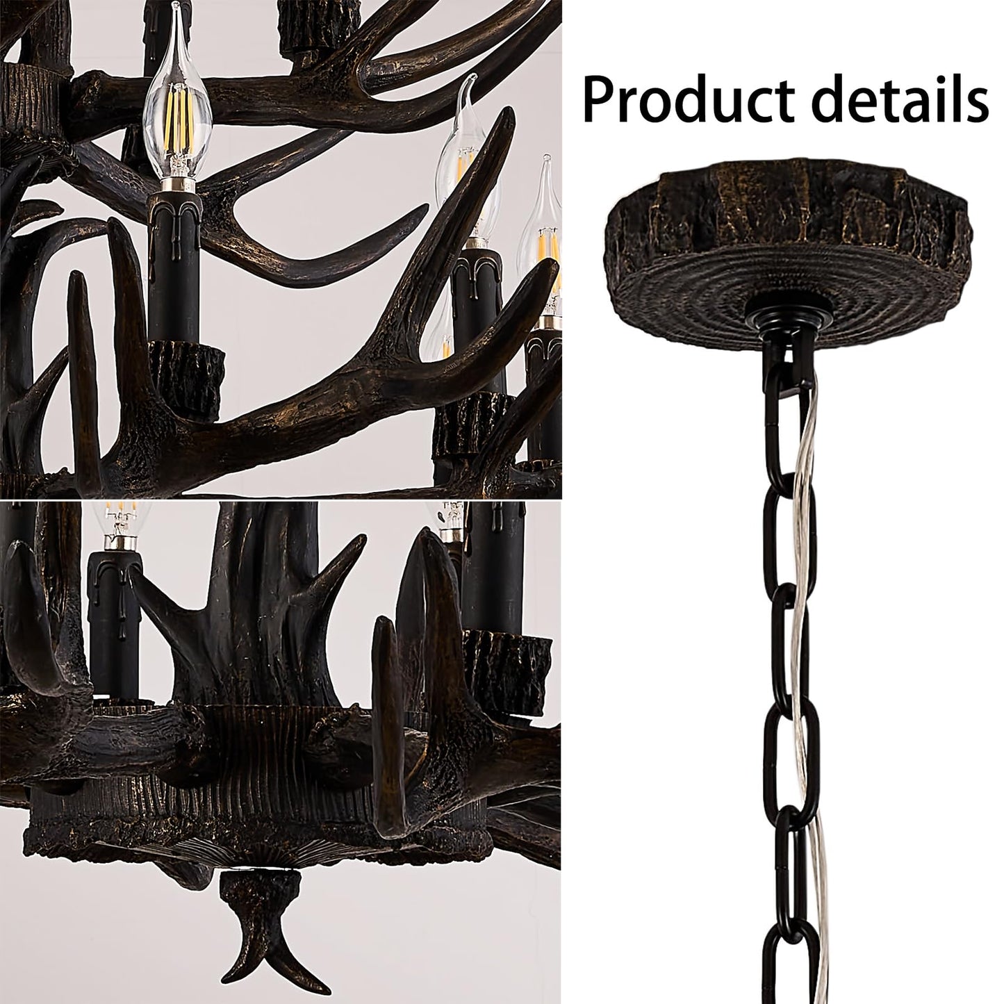 Uboxin Black Antler Chandelier with Brushed Gold, 15 - Light Rustic Farmhouse Ceiling Light, 39.4" Wide Adjustable Height Hanging Chandelier for Living Room, Dining Room, Coffee Shop (15 Lights)