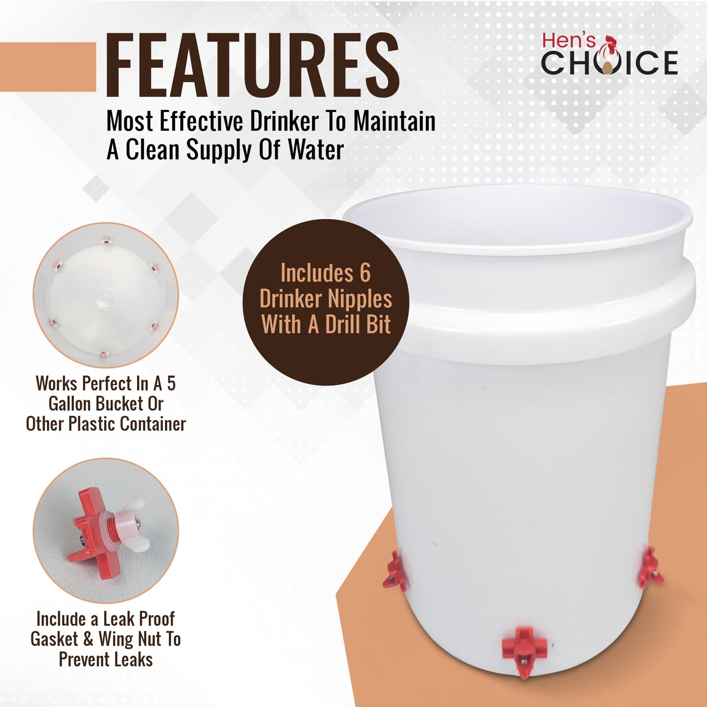 Hen's Choice™ DIY Chicken Feeder Port and Waterer Kit, Rain Proof/Reduced Waste, for 5 Gallon Bucket, Trash Can, Container | Includes Hole Saw & Drill Bit (Red (x6))