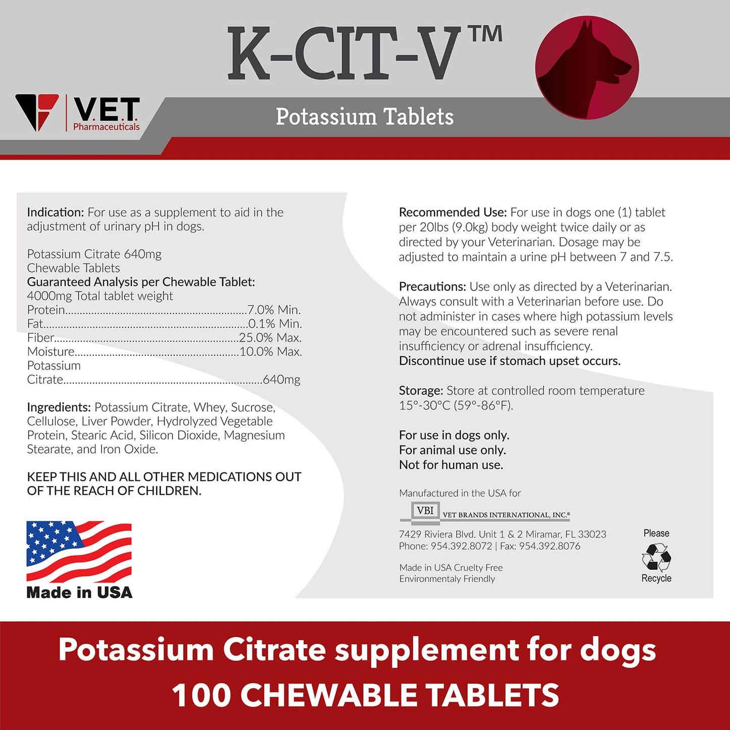 K-CIT-V Potassium Citrate Chewable Tablets for Dogs - 100 ct.