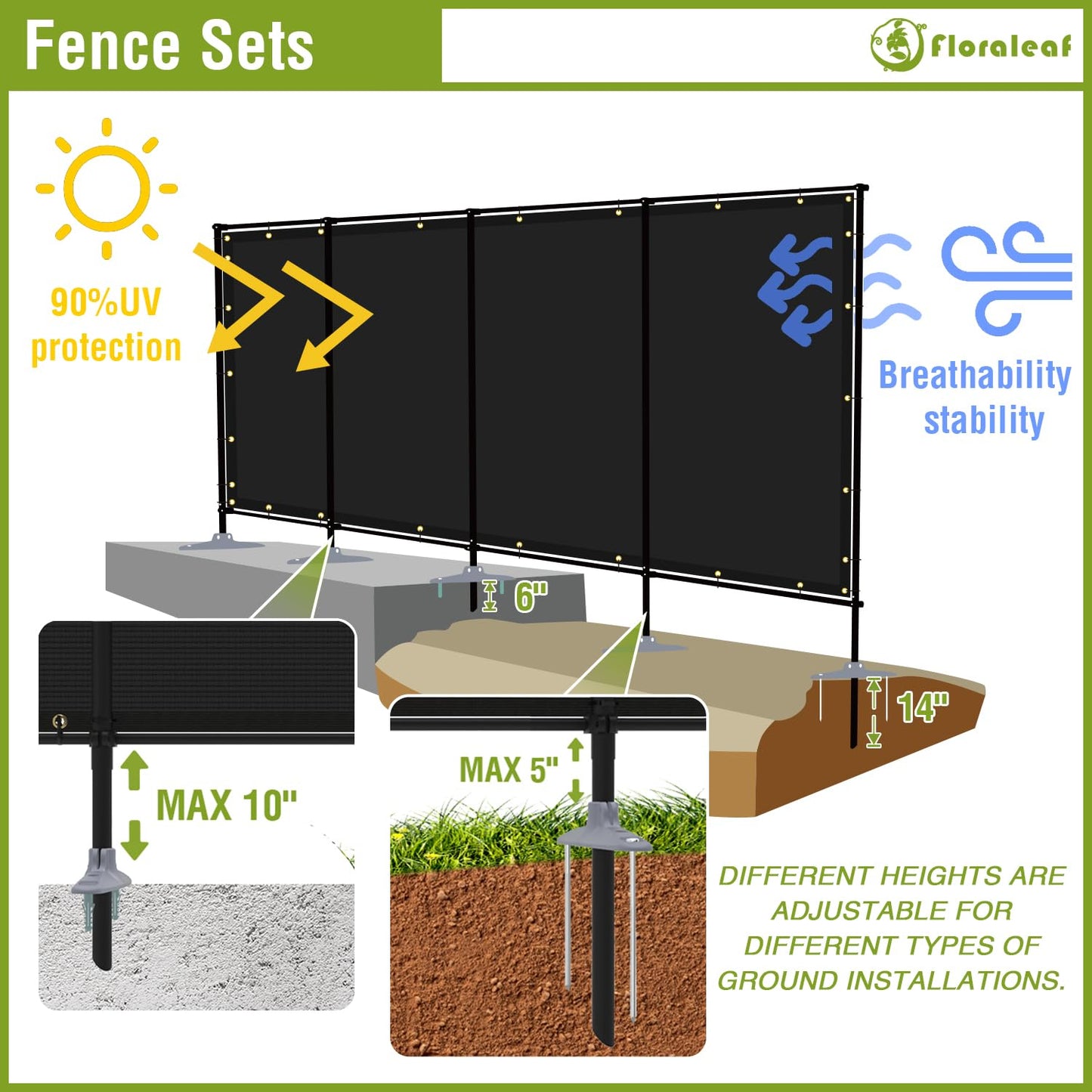 FLORALEAF 6'x24' Outdoor Privacy Fence with Iron Poles Rails Dog Fence for Garden Patio Backyard Yard Temporary Safety Barrier Chicken Metal Fence with Spikes, Black