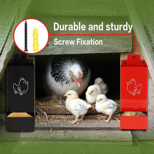 Chicken Gritr and Oyster Shell Feeder Hanging Metal Chicken Feeder for Hens or Chicks Chicken Coop Accessory Gravity-Fed Anti-Waste Design (Red and Black)