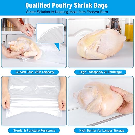 Large Turkey Shrink Bags, Pack of 25, 16"x 30" Clear Poultry Bags, Heat Wrap Freezer BPA Free Food Safe Storage for Turkeys, Chickens, Rabbits, With 25 Zip Ties and Silicone Straw