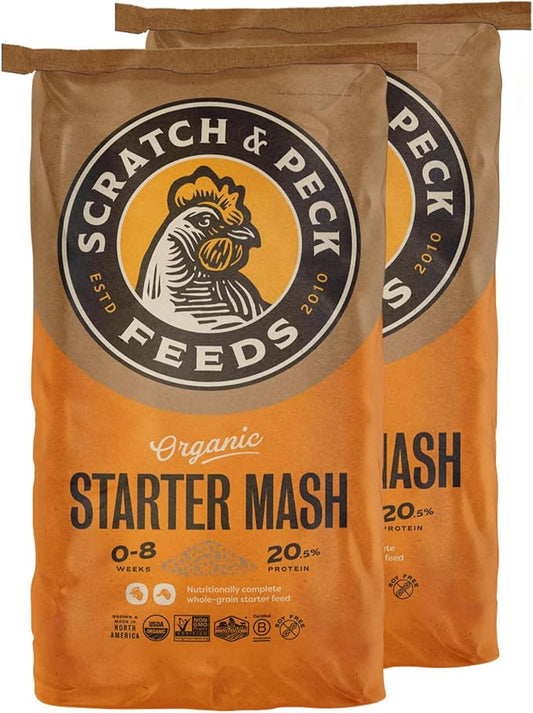 Scratch and Peck Feeds Whole Grain Starter Mash Chicken and Duck Feed - Corn-Free and Soy-Free - 20.5% Protein, Certified Organic and Non-GMO Project Verified Chicken Food - 50 lbs Bag