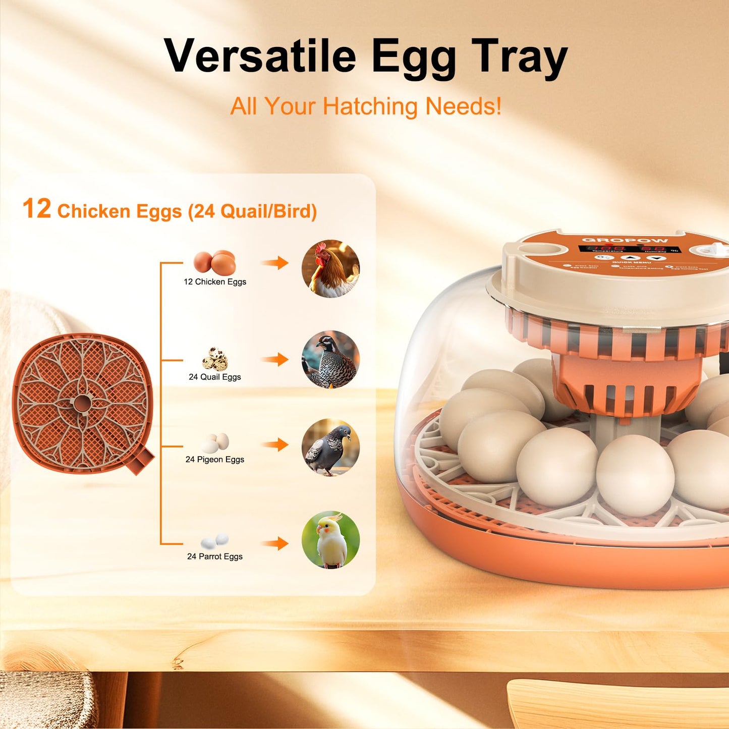 GROPOW 12 Egg Incubator, Automatic Turning with Temperature & Humidity Control, Egg Candler, 360 View with Air Vent, Auto Water Bottle Refill, Chicken Incubator for Hatching Eggs