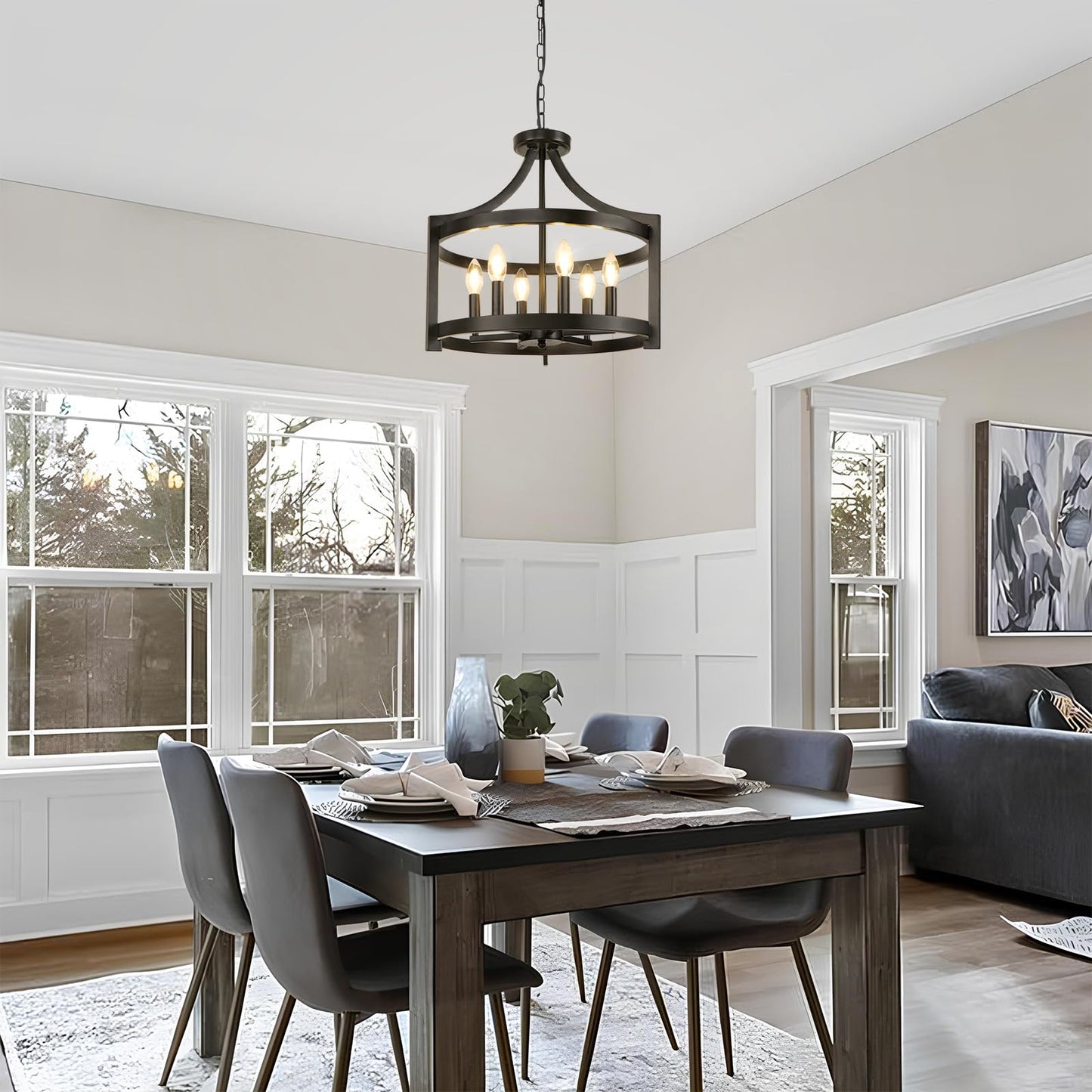 WBinDX 6-Light Modern Farmhouse Chandelier, Black Hanging Pendant Lighting, Convertible Semi Flush Mount Ceiling Light Rustic Cage Glass Chandeliers for Dining Room Kitchen Bedroom Foyer Entryway
