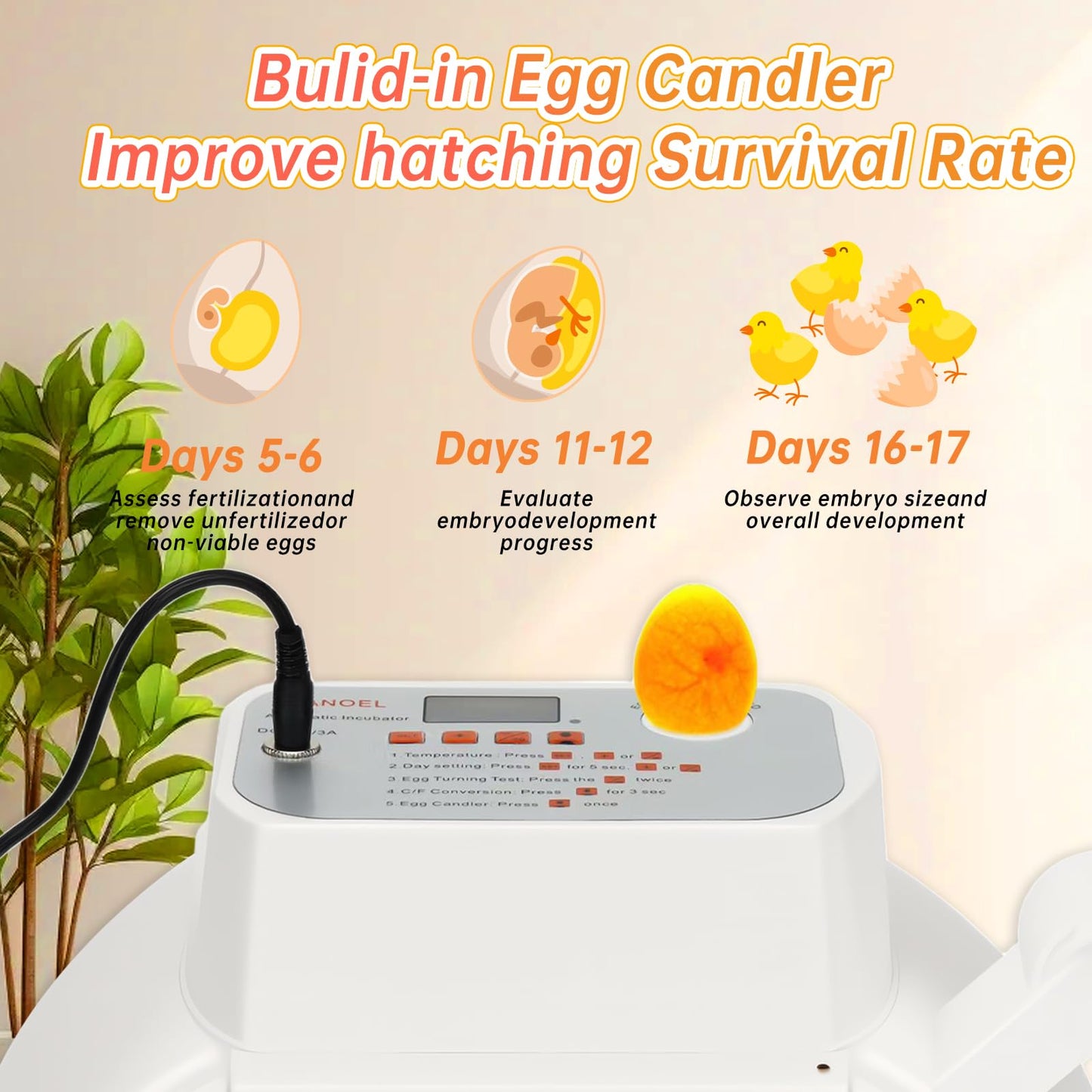 JANOEL Automatic Egg Incubator12-32 Eggs for Hatching Chick,Duck,Goose,Quail & Pigeons with Auto Egg Turnner/Fahrenheit Temperature+Humidity LED Display/Built-in Egg Candler/Perfect for Beginners
