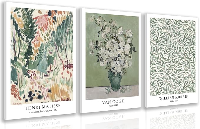 IAFWZX Framed Monet Van Gogh William Morris Wall Art, Sage Green Botanical Wall Decor, Modern Floral Wrapped Canvas Artwork, Mid Century Impressionist Poster Prints for Bathroom Bedroom 12