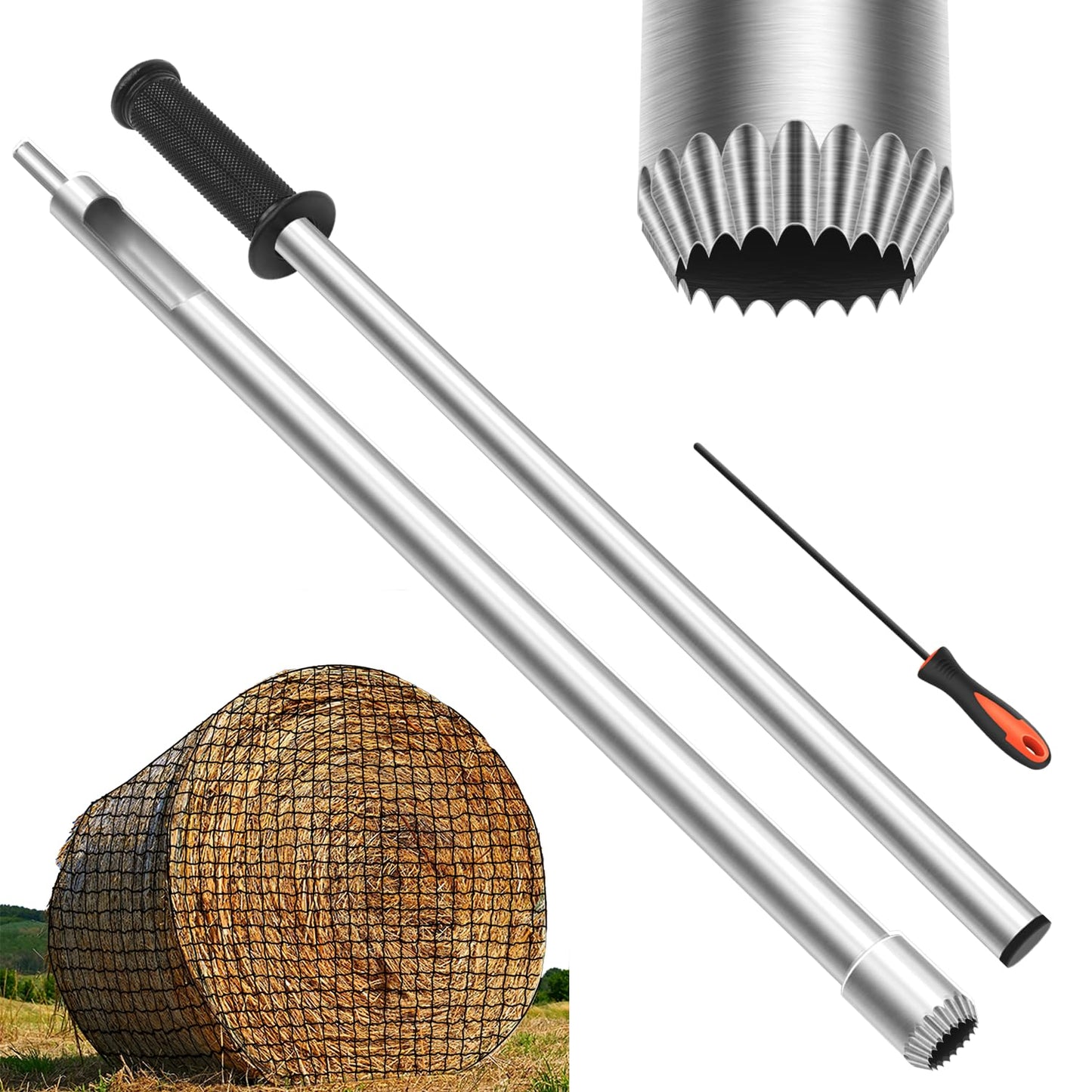 Hay Probe Bale Sampler, 26 Inch Stainless Steel Hay Core and Forage Probe for Drill, Serrated Tip Design, Accurate Hay Testing, Comes with Dowel and Metal File for Resharpening