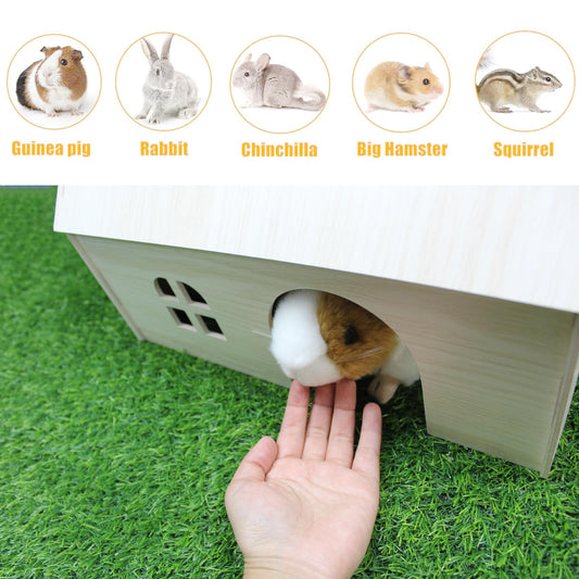 Amonk Guinea Pig Hideout 15x9x10 inch Large Size Wooden House with Window and Roof Wood Hut Habitats Decor for Bunny, Chinchillas, Dwarf Rabbits, Hamsters, and Other Small Pet Animals
