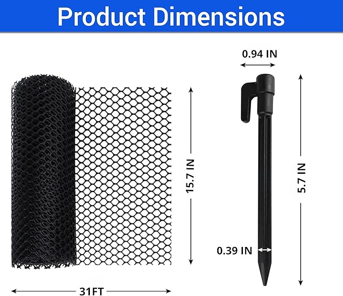 Plastic Wire Mesh Fence 15.7" x 31 ft – Chicken Wire Fencing for Dogs, Rabbits & Poultry – Snake Barrier & Fence for Balcony – Includes 30 Pegs & 20 Zip Ties – Durable, Weatherproof & Easy to Install