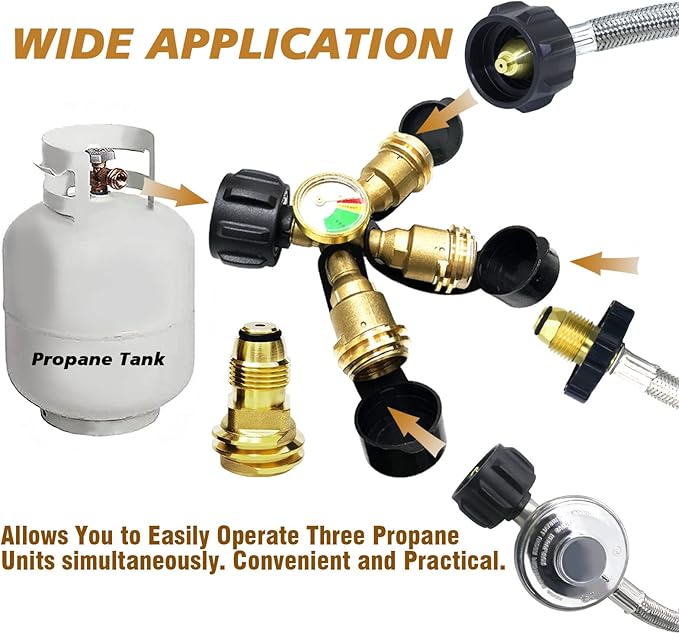 3 Way Tank Propane Splitter QCC/POL with Gauge and Shut-Off Valve, Y Splitter Adapter Propane LP Tank Fuel Tee Gauge Adapter Fitting 3 Way Propane Gas Splitter for Propane Tank，RV BBQ Grills Camping