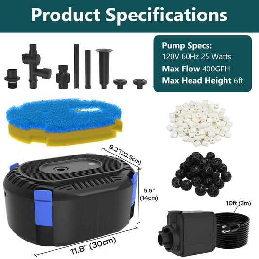 AquaMiracle All-in-One Fountain Kit with 3 Spray Patterns, Koi Pond Filters for Outdoor Ponds 200-350 Gal, 400GPH Pond Fountain Pump for Garden, Water Feature, Bird Baths