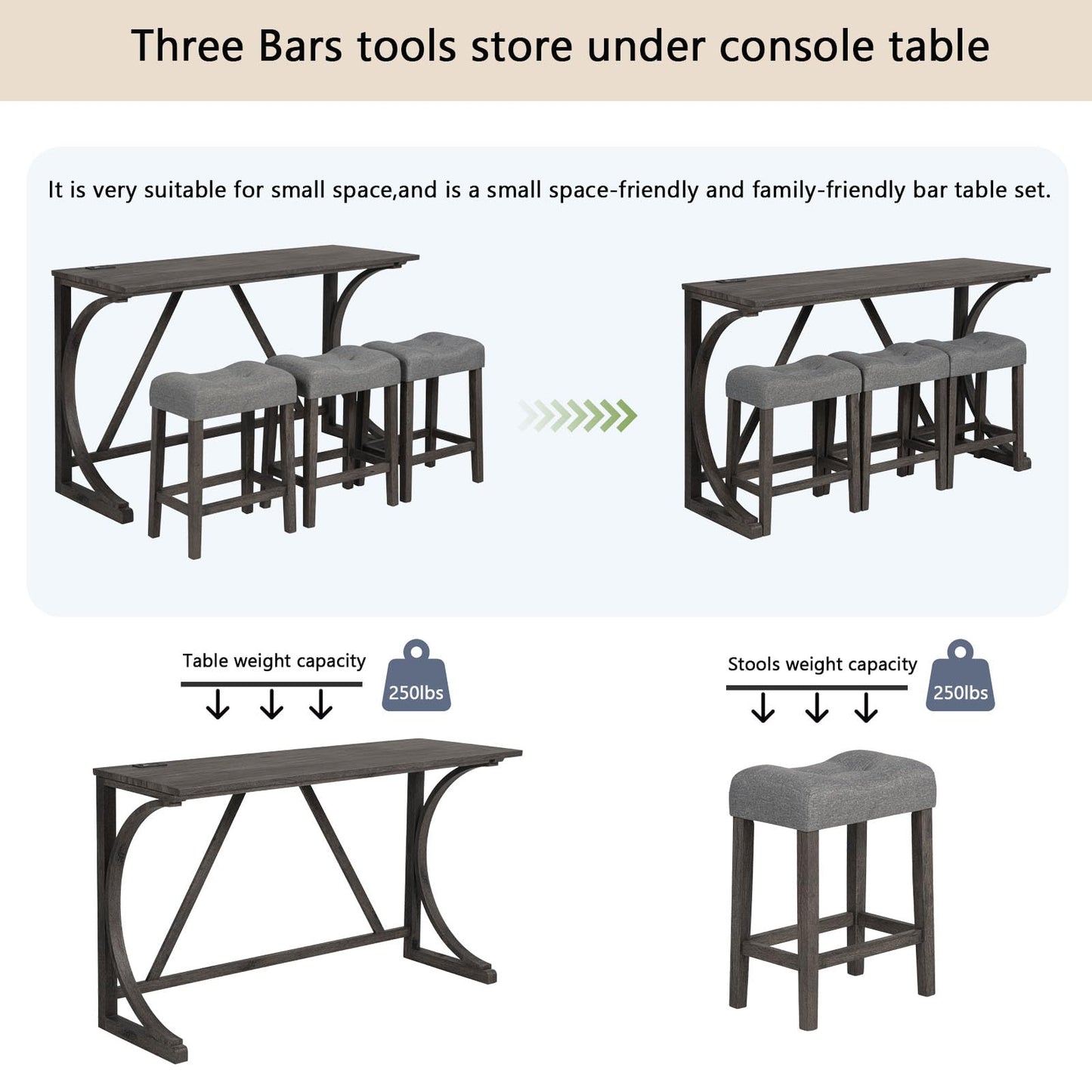 Ball & Cast 4 Piece Counter Height Bar Tables Stool Set, Farmhouse Wooden Kitchen Island-Table w/USB Ports & Power Outlet & 3pcs Padded Stools,59" Dining-Table with Chairs,Charging Station, Dark Gray