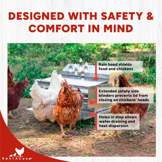 RentACoop Automatic Metal Treadle Feeder - Outdoor Use, Rainproof - Suitable for Chicken, Bantams, Poultry, Pheasants, etc. - 25lb Capacity