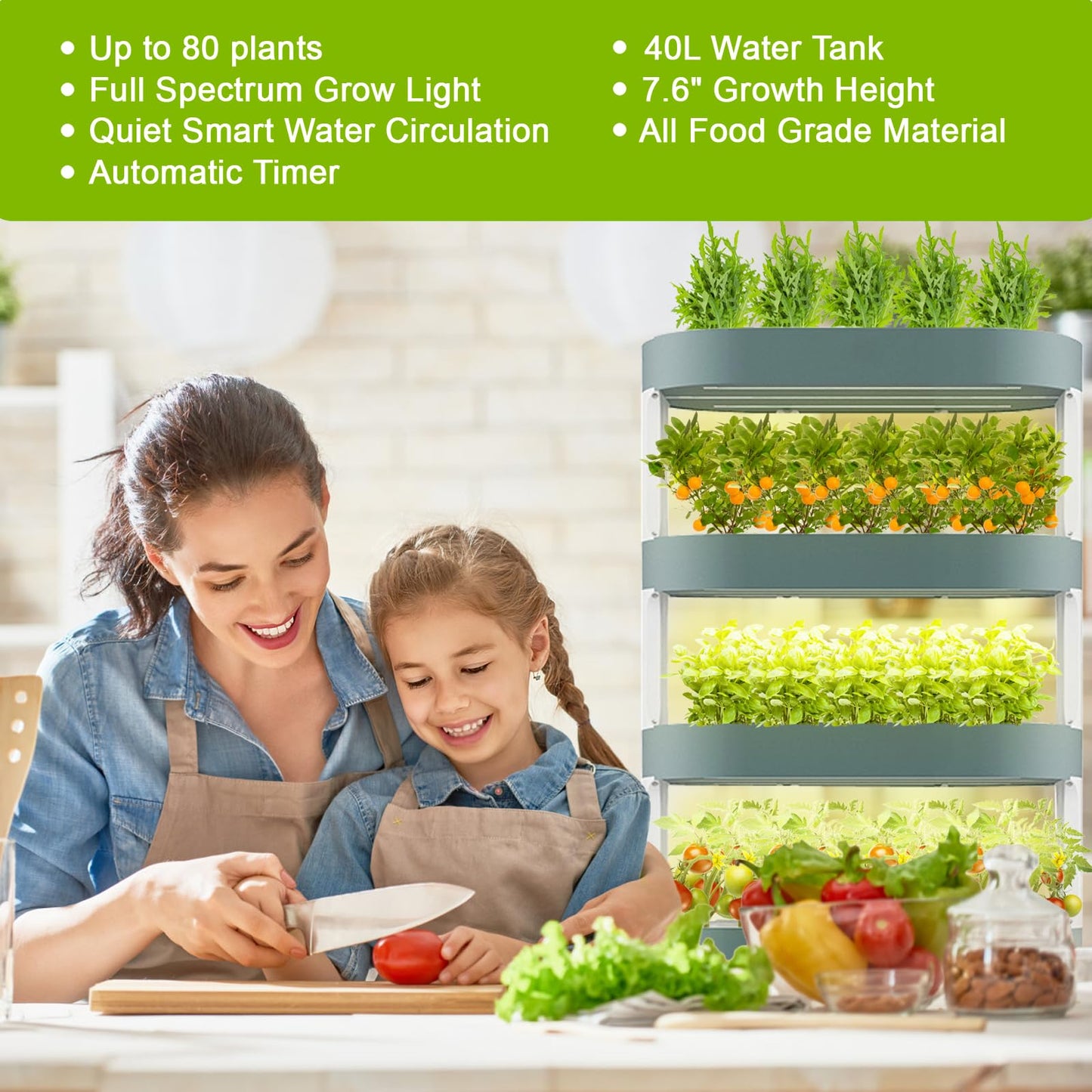 Lyfreen 5 Layers Hydroponics Growing System Kit, Indoor Garden with 80 Grow Baskets and Grow Light, Herb Garden with Quiet Pump System and Auto Timer, Hydroponic Tower for Home Kitchen Gardening
