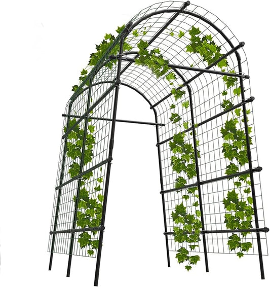 7.5FT Garden Arch Trellis with Netting, Heavy Duty Metal Climbing Plant Support, Adjustable 35''-45'' Wide Pergola Arbor for Vines, Flowers & Outdoor Wedding, Black