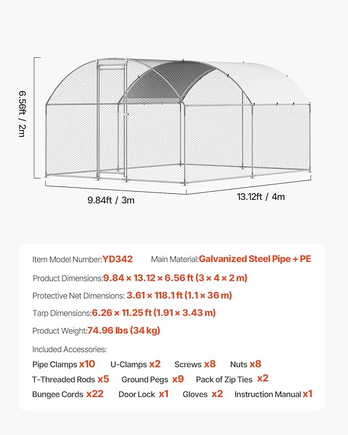 VEVOR Large Metal Chicken Coop with Run, 13.1 x 9.8 x 6.5 ft Walkin Chicken Coop for Yard with Waterproof Cover, Dome Roof Large Poultry Cage for Hen House, Duck Coop and Rabbit Run