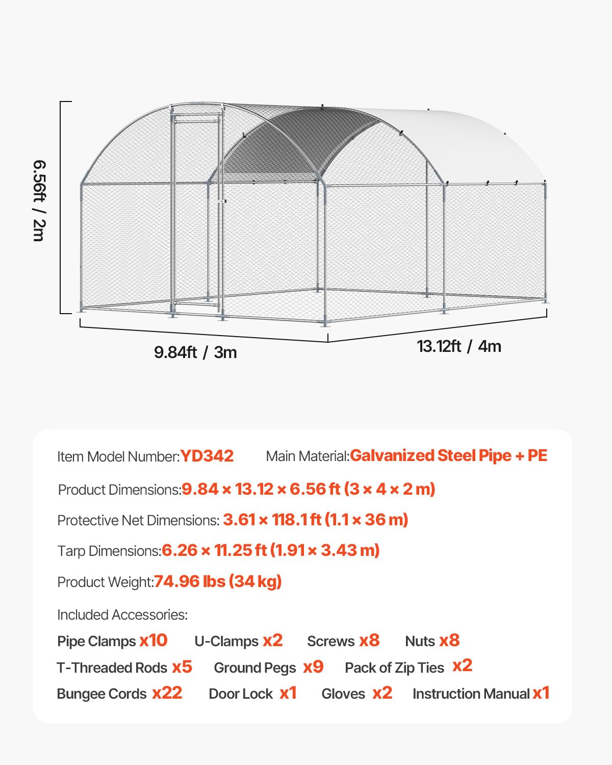 VEVOR Large Metal Chicken Coop with Run, 13.1 x 9.8 x 6.5 ft Walkin Chicken Coop for Yard with Waterproof Cover, Dome Roof Large Poultry Cage for Hen House, Duck Coop and Rabbit Run
