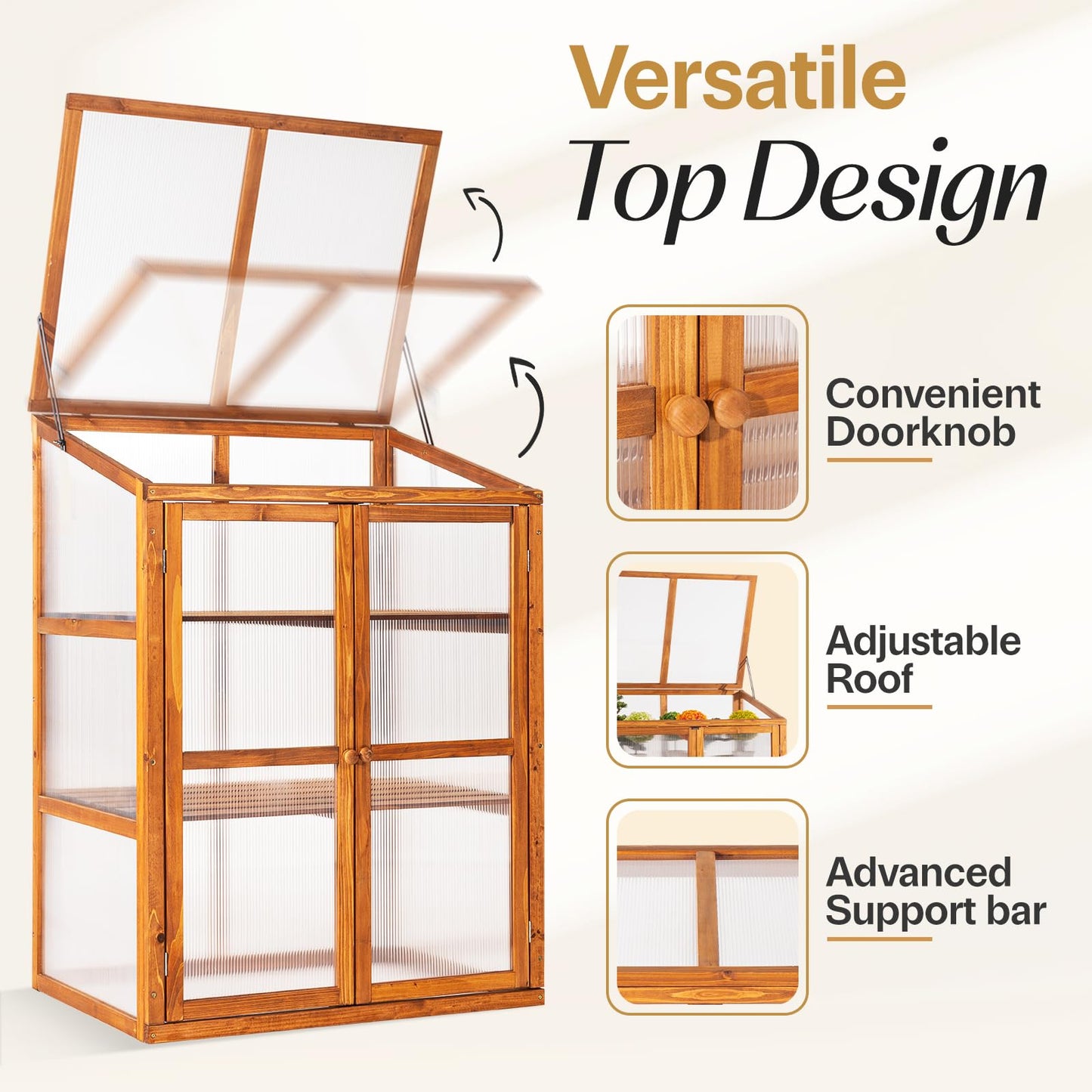 IDZO Fir Wood Cold Frame Greenhouse for Outdoors, 2-Tier Greenhouse Cabinet with Transparent Polycarbonate Sheet & Foldable Top Creates an Ideal Environment for Various Plant Growth, Easy Assembly