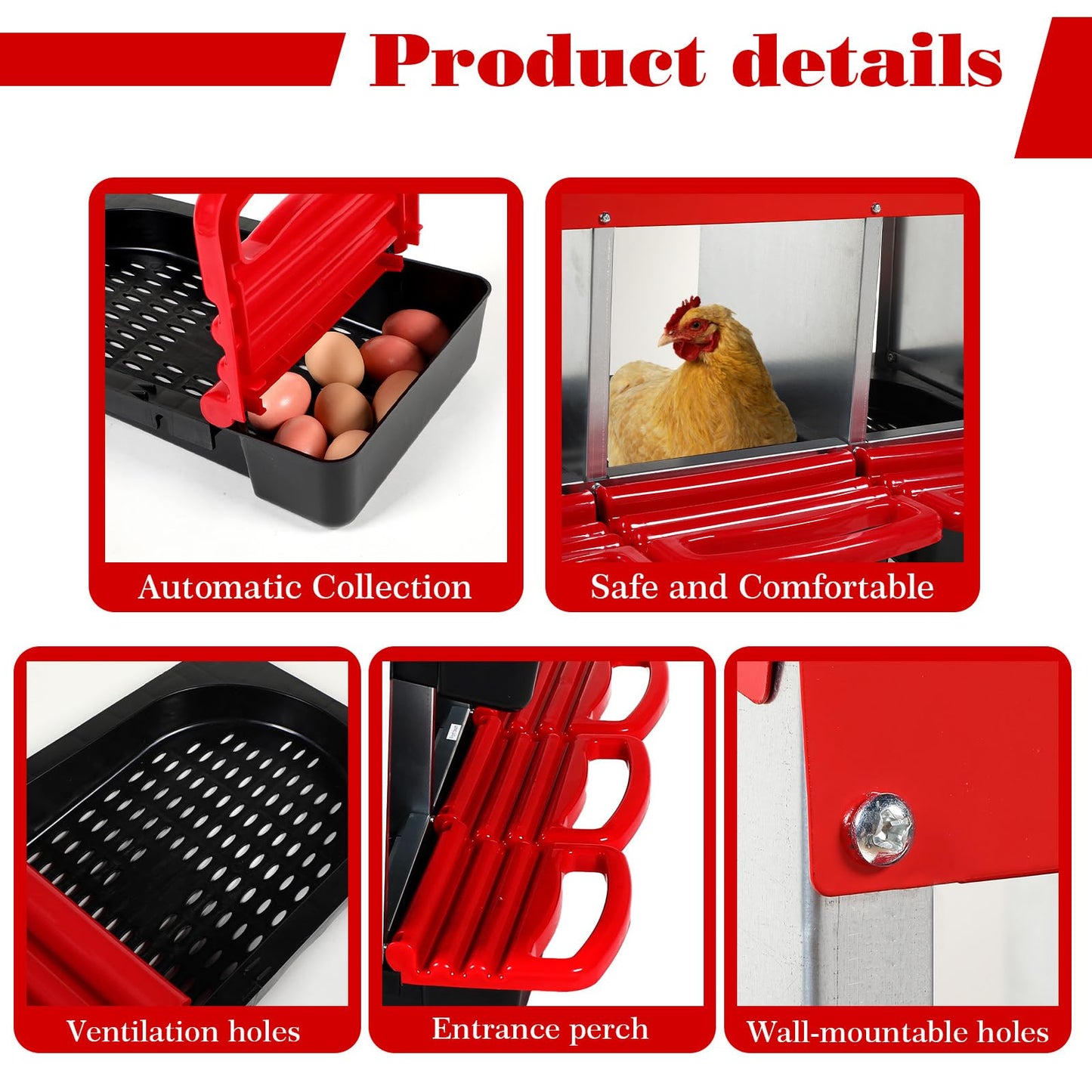 Chitidr Chicken Nesting Box, 6 Compartments Metal Chicken Laying Box with Roll Away Egg Collection and Perch, Rust Proofed Wall Mount Poultry Nesting for Hens Red