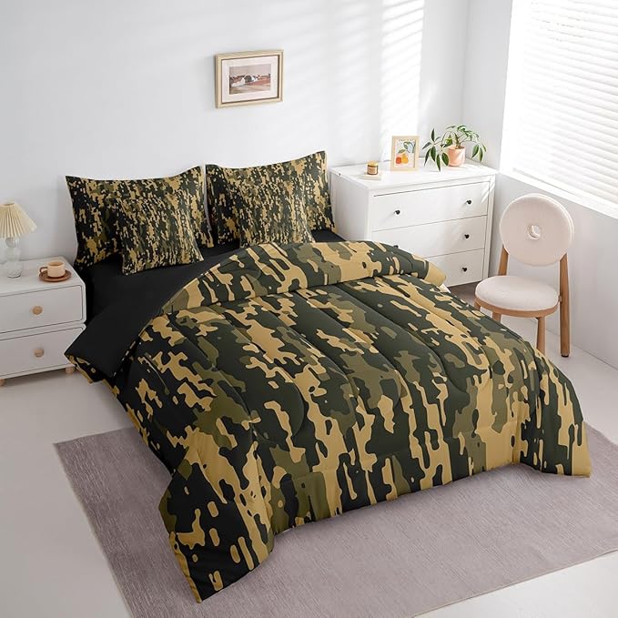 Feelyou Camouflage Print Bed Set Boys Girls Queen Size Camo 7 Pieces Bedding Set for Kids Women Men Military Style Bed Set Includes Comforter, Sheet Set, Pillowcases Army Camo Room Decor