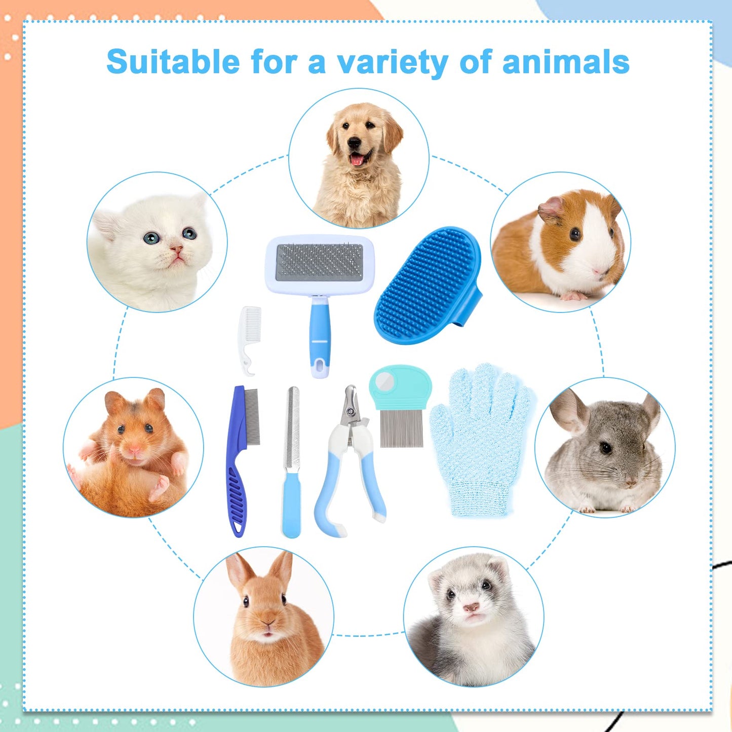 VCZONE Small Animal Grooming Set: Pet Nail Clipper & File, Flea Comb, Shampoo Brush, Shedding Slicker Brush, Massage Glove, Cleaning Comb (Blue)
