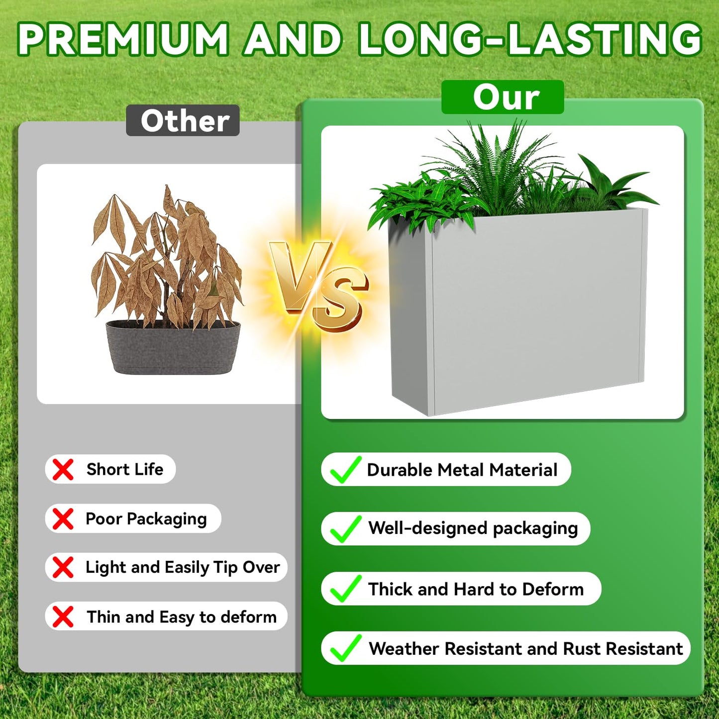 Metal Planter for Outdoor, 38" L x 10" W x 30" H Large Rectangular Planter Box with Drainage & Adjustable Shelf, All-Weather Modern Durable Decor for Patio, Garden, Balcony (Gray)