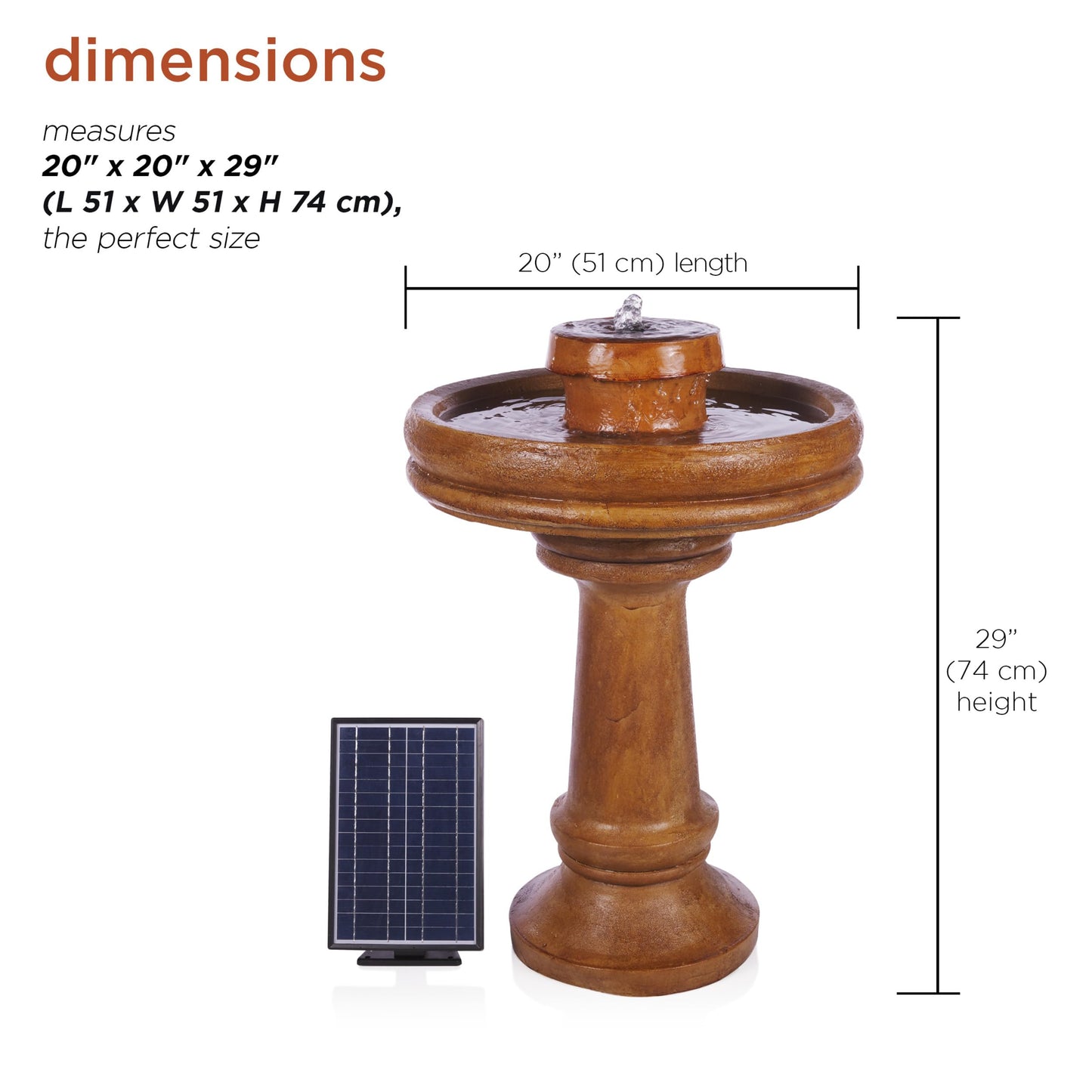 Alpine Corporation TZL202SLR 29" Solar-Powered Outdoor Birdbath Fountain with LED Lights – Elegant Pedestal Garden Water Feature for Backyard and Patio Décor, Brown