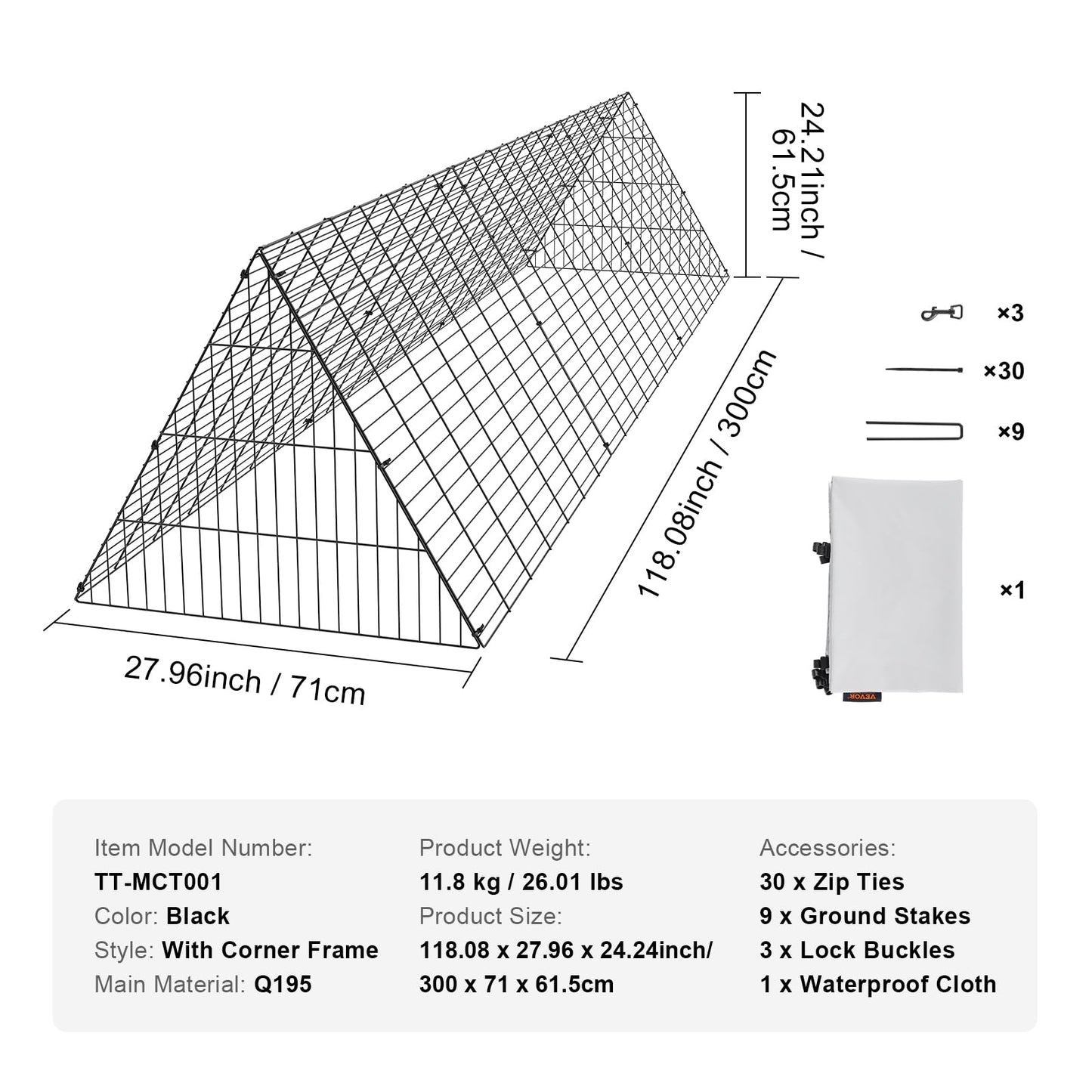 VEVOR Chicken Tunnels for Yard, 118.1 x 28 x 24.2 inch (LxWxH) Portable Chicken Tunnels for Outside Easy Installation, Coop Run Suitable for Ducks, Rabbits