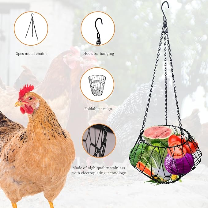 Hanging Chicken Feeder Accessories, Coop Must Haves -Foldable 6.5Inch Large Poultry Vegetable Fruits Chicken Treat Dispenser with 3pcs Hanging Chain,Chicken Toys for coop (Chicken Feeder 1 Pack)
