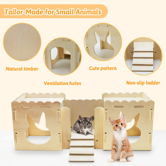 Fhiny Wooden Rabbit Castle, Small Animals Large Tunnel with Bridge Detachable Bunny Fort Hideout Rest and Playhouse with Windows for Rabbits Guinea Pigs Chinchilas Kittens