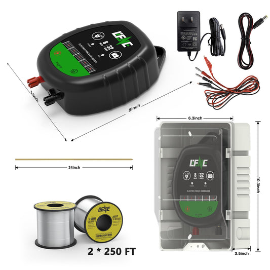 Lifence AC&DC 2 in 1 Powered Supply 8 Mile Electric Fence Energizer for Preventing Wild Animals Intruding 32 Acre Input 12V Output Voltage 10KV 1 Joule Deter Predators Contain Cattle Cow and Livestock
