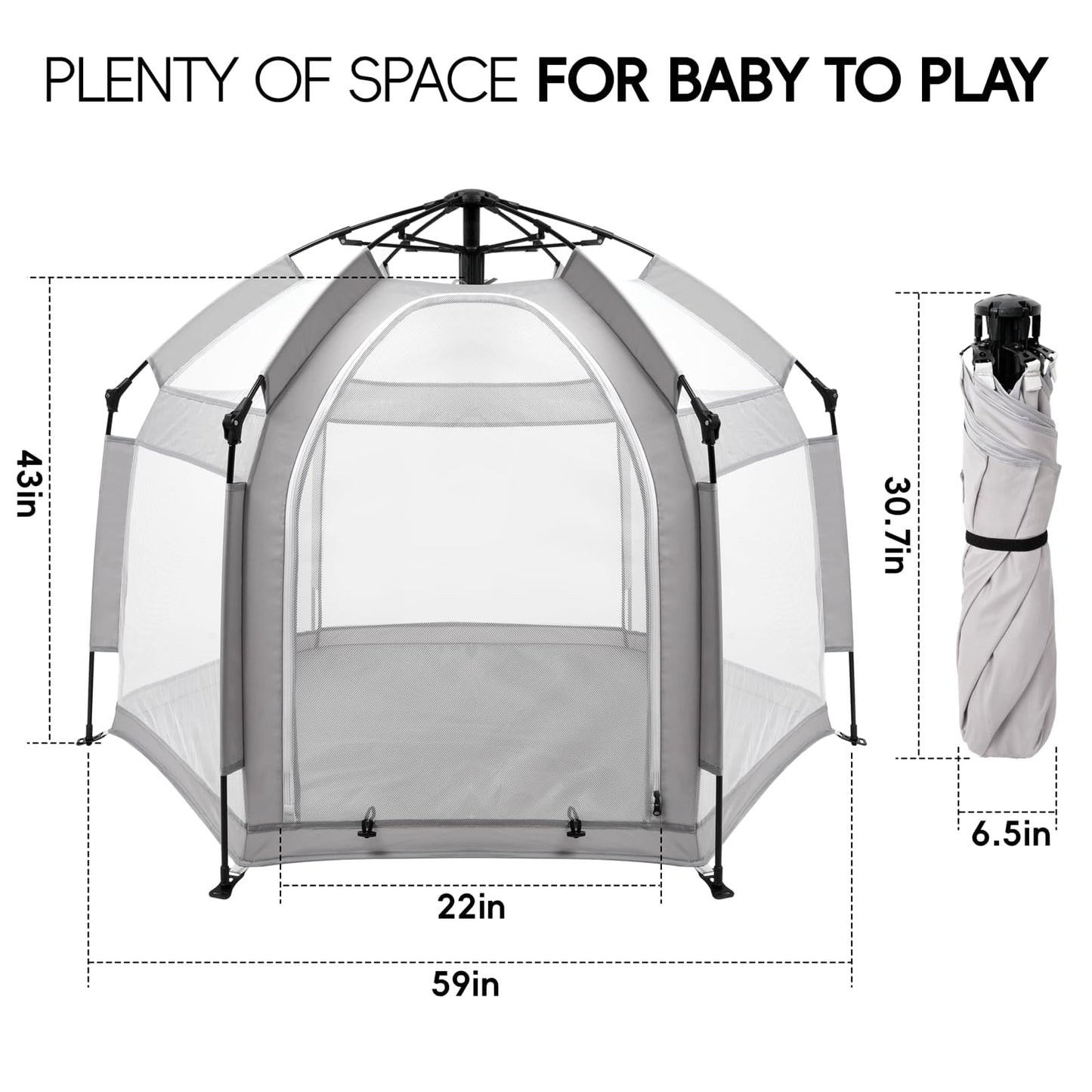 Palopalo Pop Up Baby Playpen with UPF50+ Canopy & Mosquito Net, Indoor & Outdoor Foldable Play Pen for Babies and Toddlers, Portable Baby Beach Tent with Travel Bag, Pop Up Pack and Play Yard, Grey
