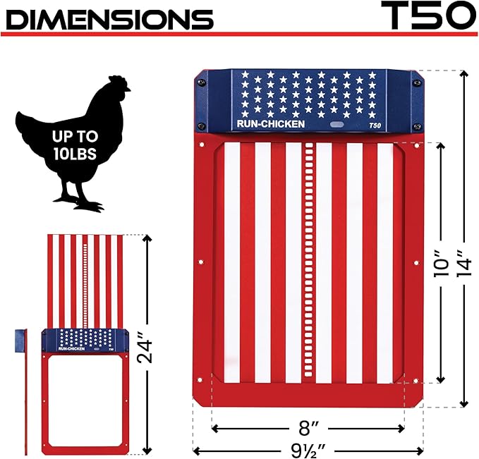 RUN-CHICKEN Door (USA Special) Automatic Chicken Coop Door, Chicken Coop Door, Battery Powered, Run Chicken Automatic Door, Aluminum, Automatic Chicken Door Opener Model T50