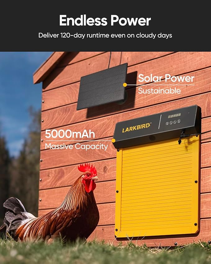 LARKBIRD Automatic Chicken Coop Door with Audio Recall Function, Solar Chicken Coop Door with Timer & Light Sensor, App Control Chicken Door with Anti-Pinch System (Yellow)
