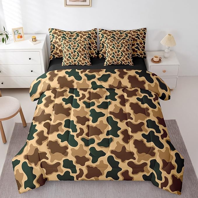 Feelyou Camouflage Bed Set Boys Girls Queen Size Camo 7 Pieces Bedding Set for Kids Women Men Military Style Bed Set Includes Comforter, Sheet Set, Pillowcases Hunting Theme Room Decor