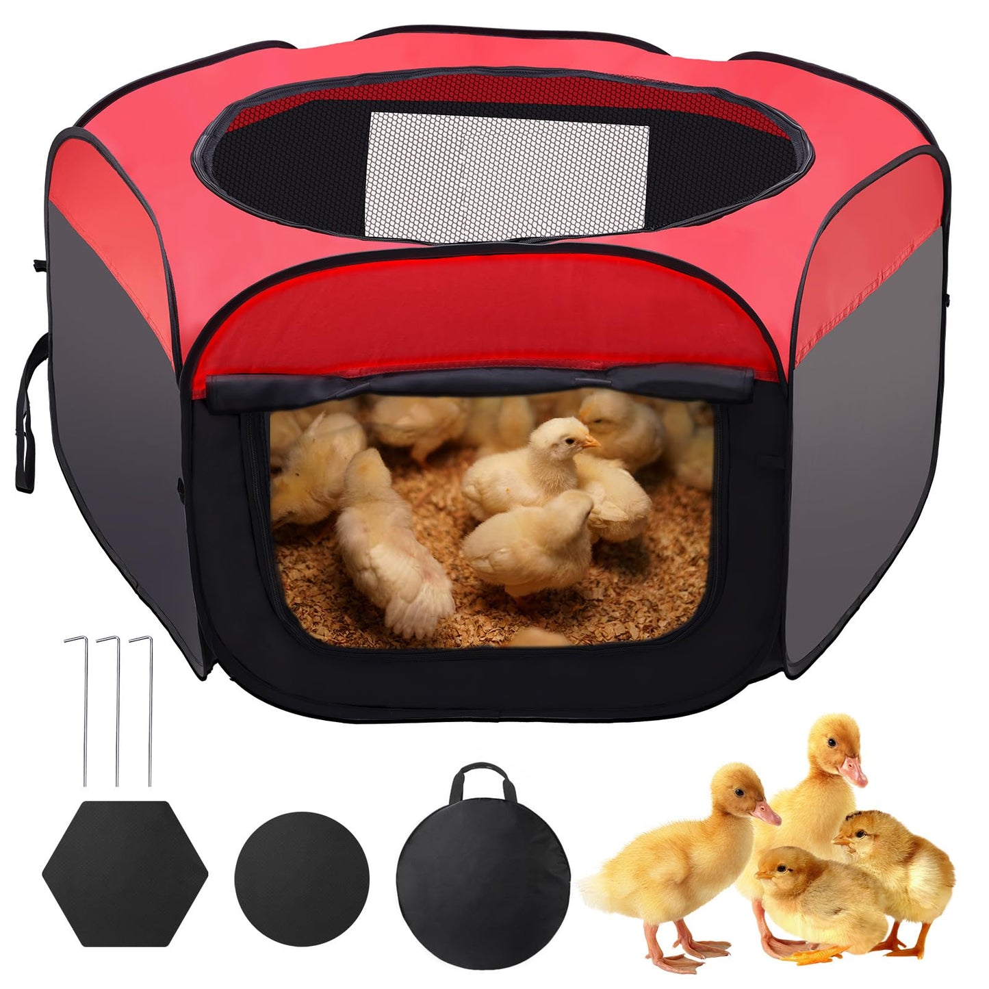 Foldable Brooder Box for Chick,Chick Fence Portable Dog Playpen Cage with Floor Mat, Large Dog Tent Oxford Fabric Cage Indoor/Outdoor, Red and Black