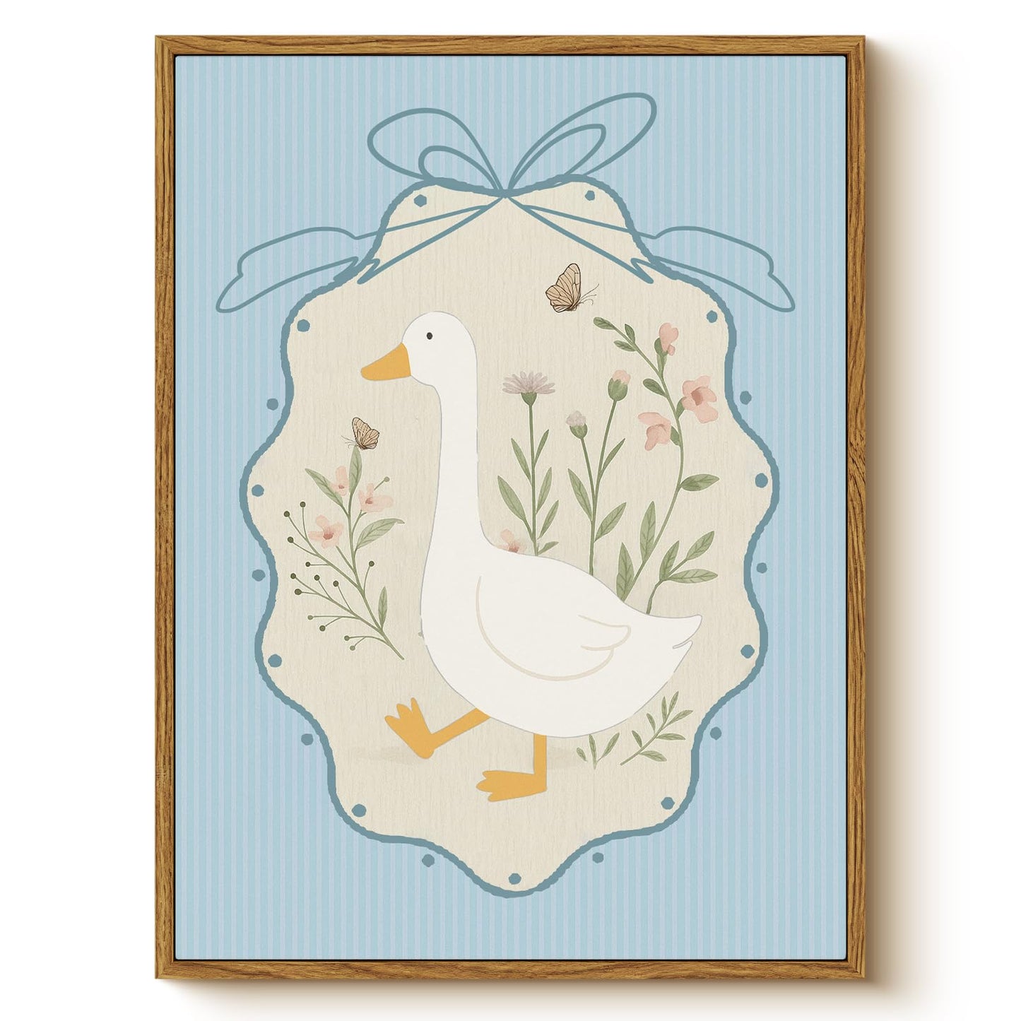 WHASAYART Rustic Goose with Pastel Flowers Cute Bow Wall Art, 12x16 Framed Canvas Print Farmhouse Animal Illustration, Country Style Duck Floral Artwork Nursery Kids Room Bedroom Bathroom Decor