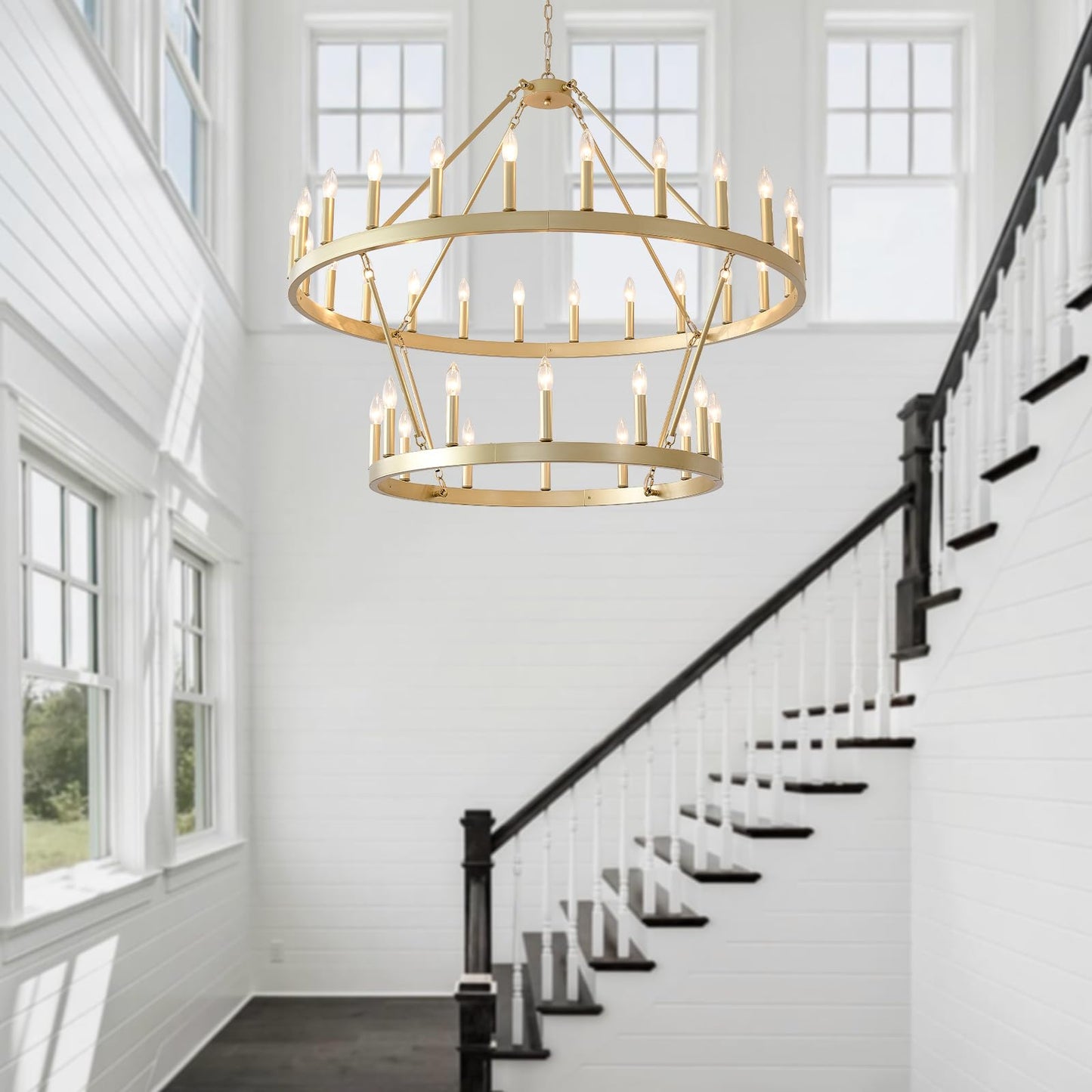 HHR 48" Gold Wagon Wheel Chandelier 2 Tiers, 36-Light Large Farmhouse Chandelier for High Ceilings, Round Rustic Pendant Light Fixture for Foyer, Entryway, Dining Room, E12