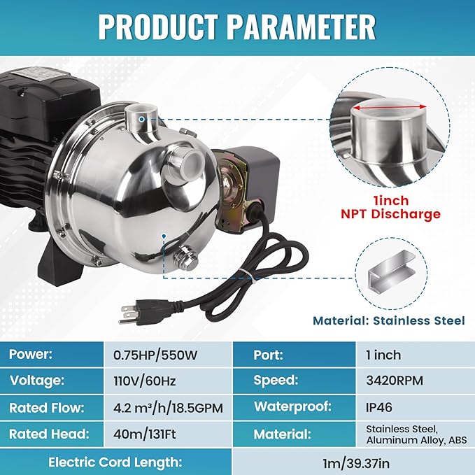 3/4HP Shallow Well Pump, 110V/60Hz, 18.5GPM, 131ft Head Jet Water Pump, Stainless Steel Shallow Well Jet Pump for Home Lawn Irrigation and Water Draining