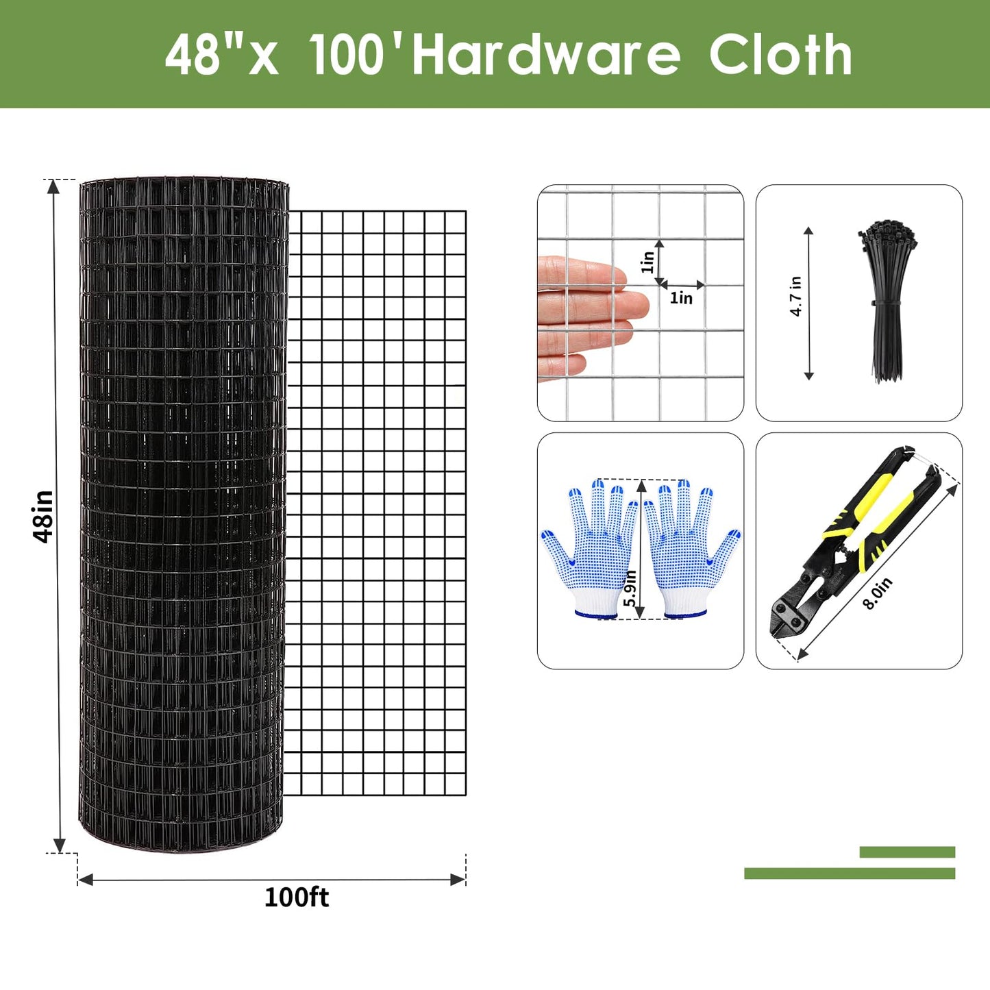 Tongmo 48" x 100' Black Hardware Cloth, 1inch Mesh Chicken Wire Fence, 19 Gauge Vinyl Coated Wire and Welded Wire Roll,Garden Fence, Poultry Netting for Rabbit/Duck/Chicken Coop
