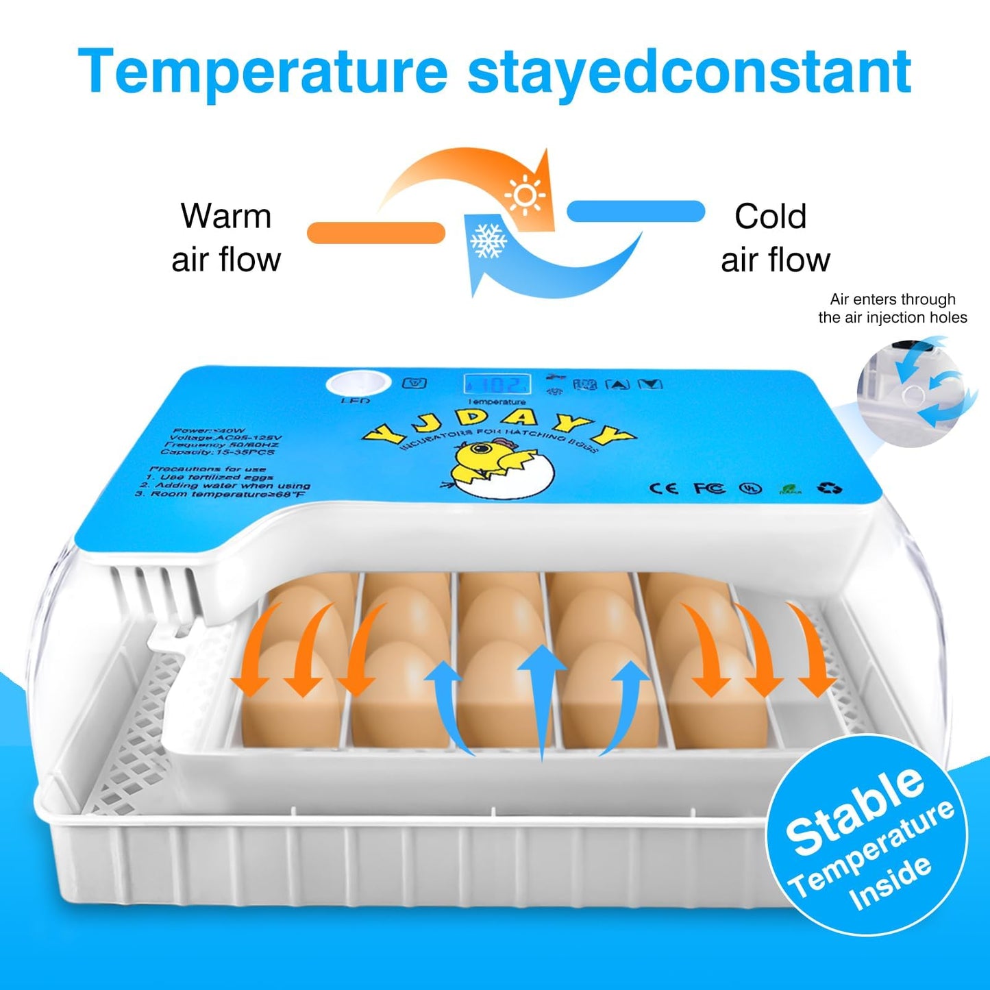 Incubators for Hatching Eggs 15-35 Eggs Incubator with Automatic Egg Turning and ℉Temperature Display LED Candler Poultry Incubator for Hatching Chicken Duck and Quail Incubator (Blue)