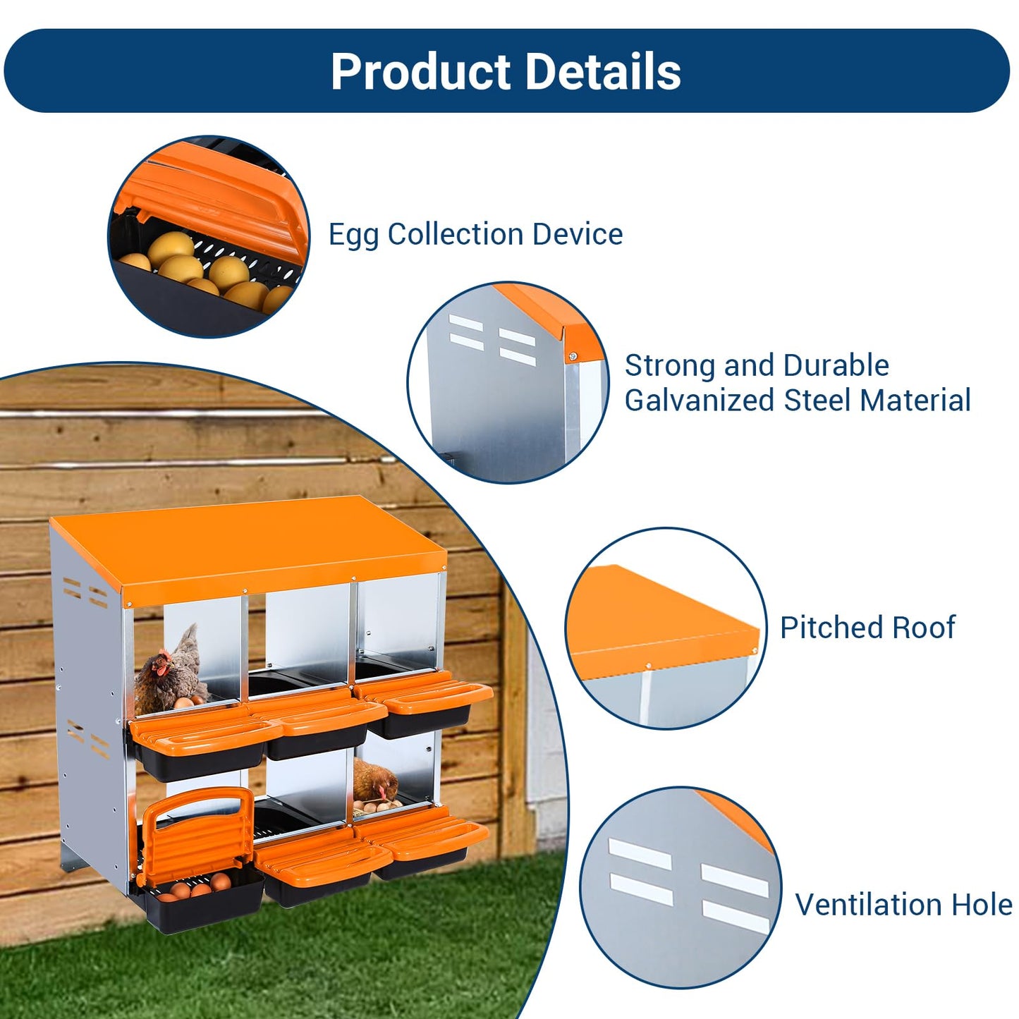 Chicken Nesting Box, 6 Compartments Nesting Boxes for Chickens, Chicken Laying Boxes, Roll Away Nesting Box for Chickens Laying Egg with Lid Cover to Protect Eggs, Orange