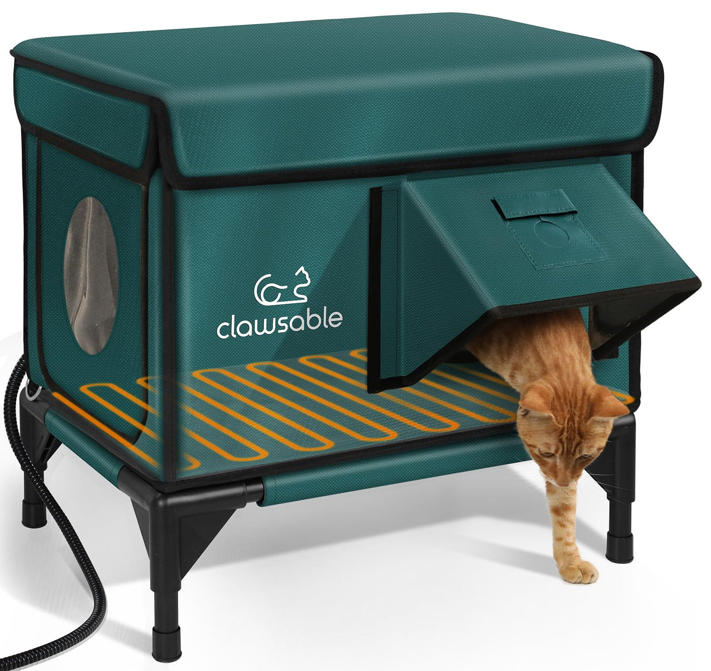 Indestructible Heated Cat House for Outside Winter, 100% Waterproof, Safe Escape Door, Insulated Outdoor Cat Shelter with Heater for Feral Barn Cat Kitty (Forest Green, 12"x16"x18")