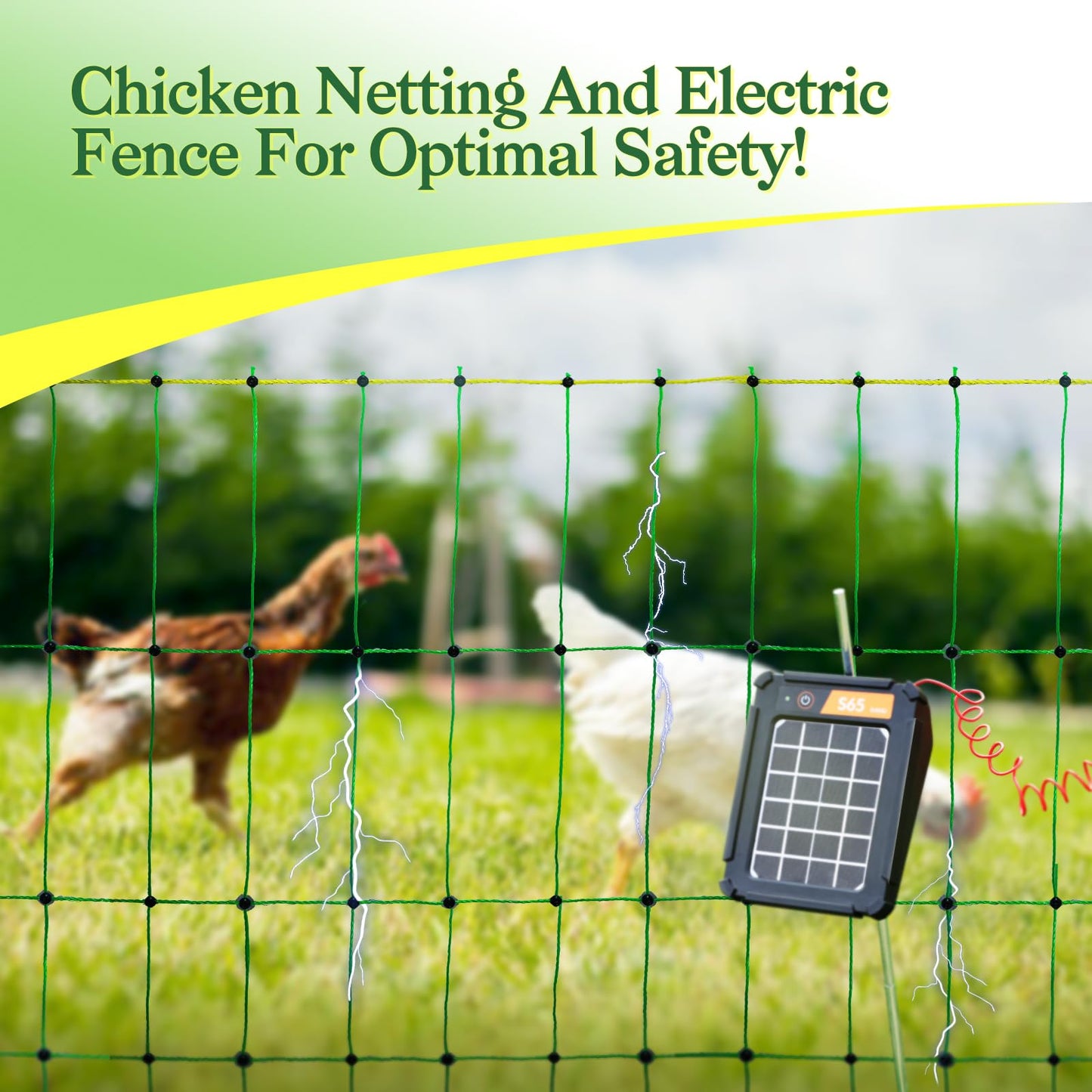 ANDMON Electric Poultry Netting, 48" x 164' Electric Fence Netting with Double Spiked Fiberglass Posts, Electric Chicken Fence for Poultry in Backyards, Homesteads, Farms and Ranches