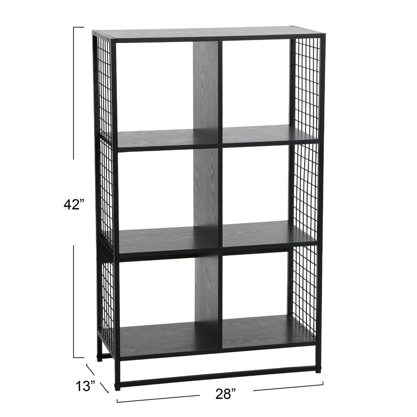 Household Essentials Trellis Open Storage Bookshelf with 6 Cube Compartments Black Oak Wood Grain and Black Metal
