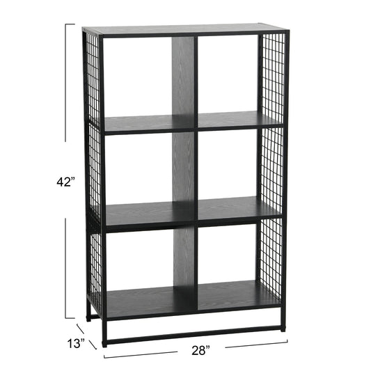 Household Essentials Trellis Open Storage Bookshelf with 6 Cube Compartments Black Oak Wood Grain and Black Metal