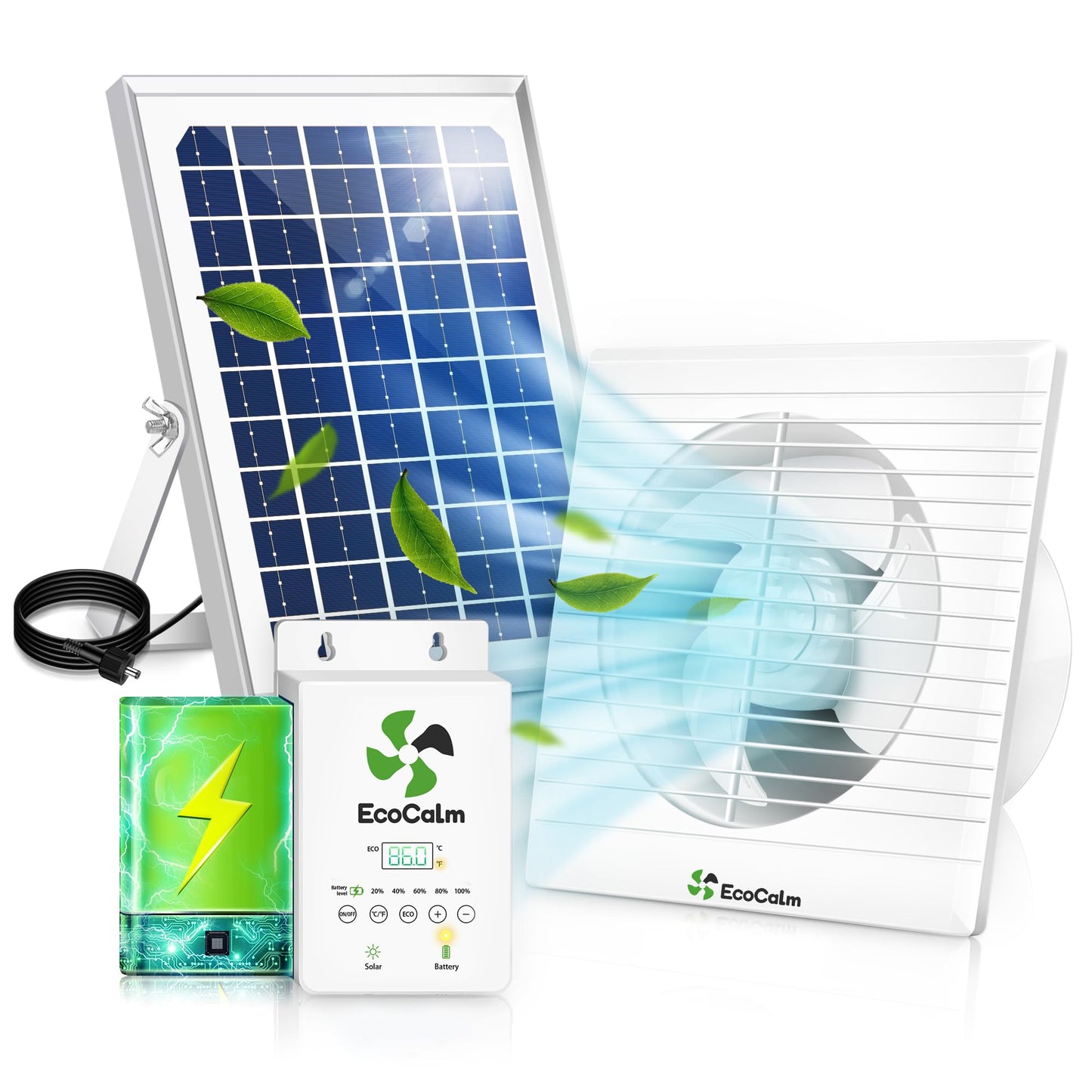 ecoCalm Solar Powered Fan with Battery and Adjustable Thermostat, 6“ Solar Fan for Chicken Coop with 12W Bifacial Solar Panel, Outdoor Greenhouse Exhaust Fan with Anti-backflow Valve