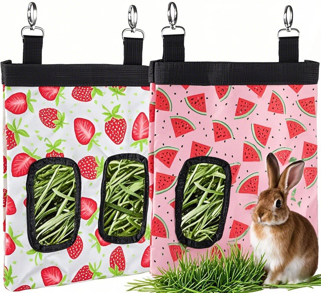 DZWLKJ Guinea Pig Hay Feeder, 2 Pack, 11 x 9 x 1 Inches, Rabbit Hay Feeder Bag, Stainless Steel, 600D Oxford, Watermelon and Strawberry