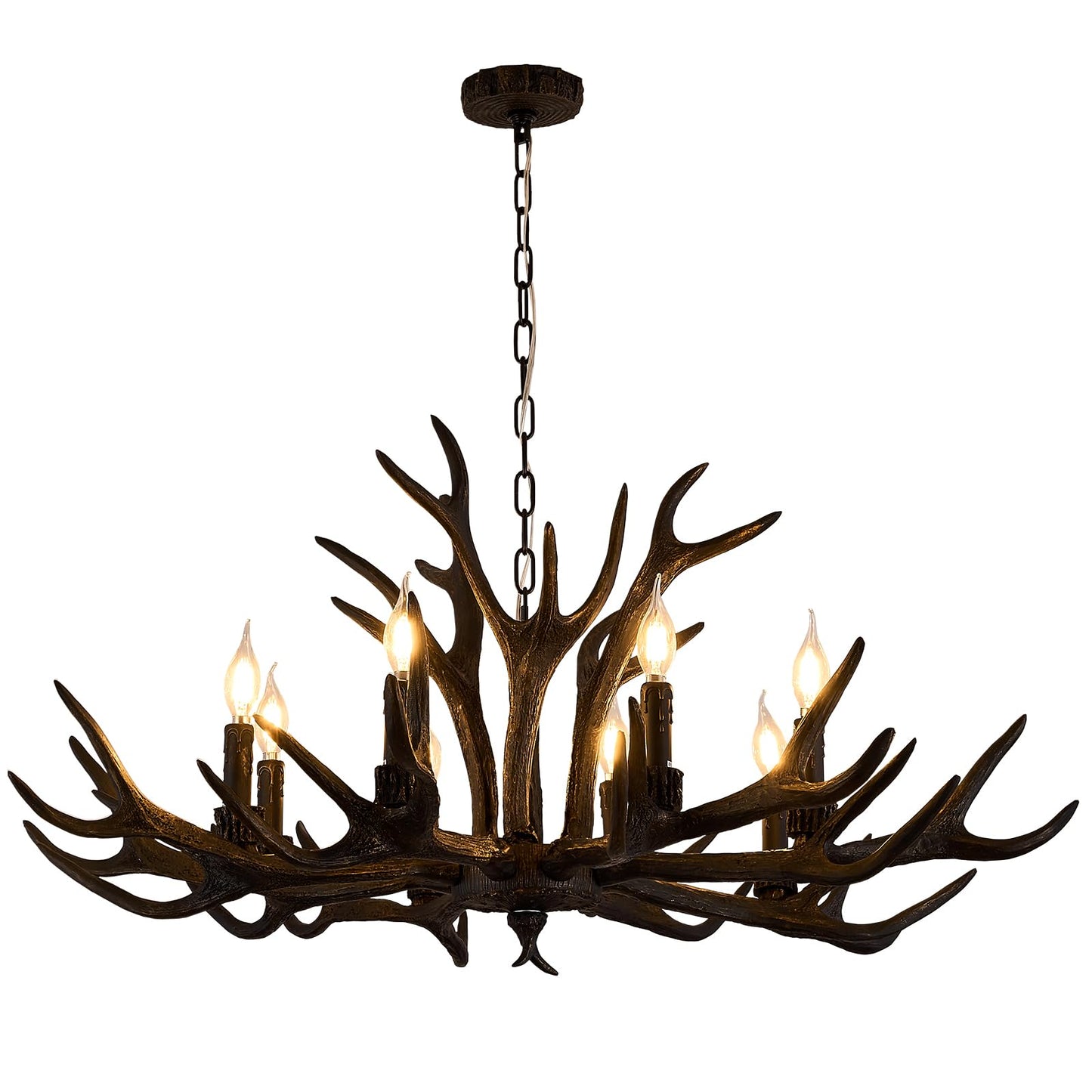 Uboxin Rustic Antler Chandelier Dark Brown 8 Light E12 Vintage Farmhouse Deer Horn Ceiling Light with Adjustable Chain for Living Room Dining Room Cabin Bar Cafe (8 Lights +3 Arms)